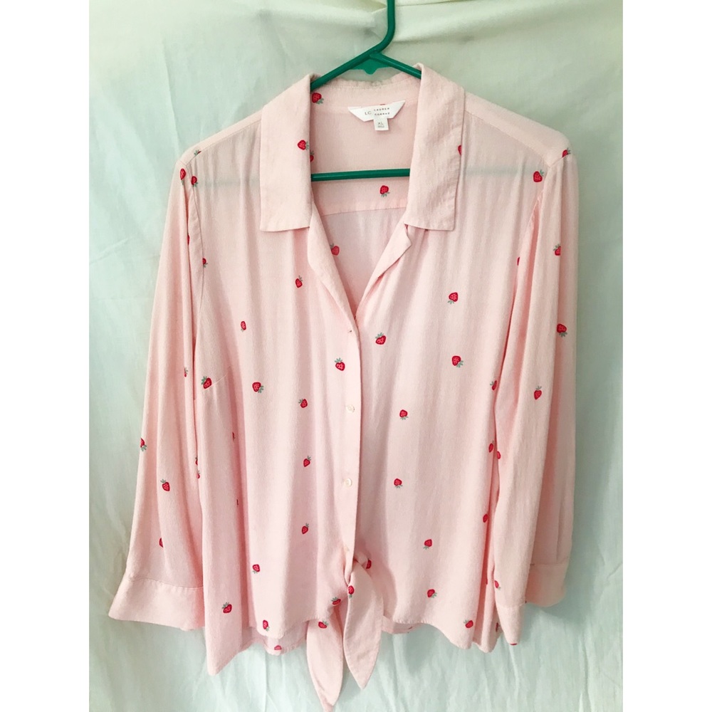 Lauren Conrad Pink Tie Front Strawberry Print Top
